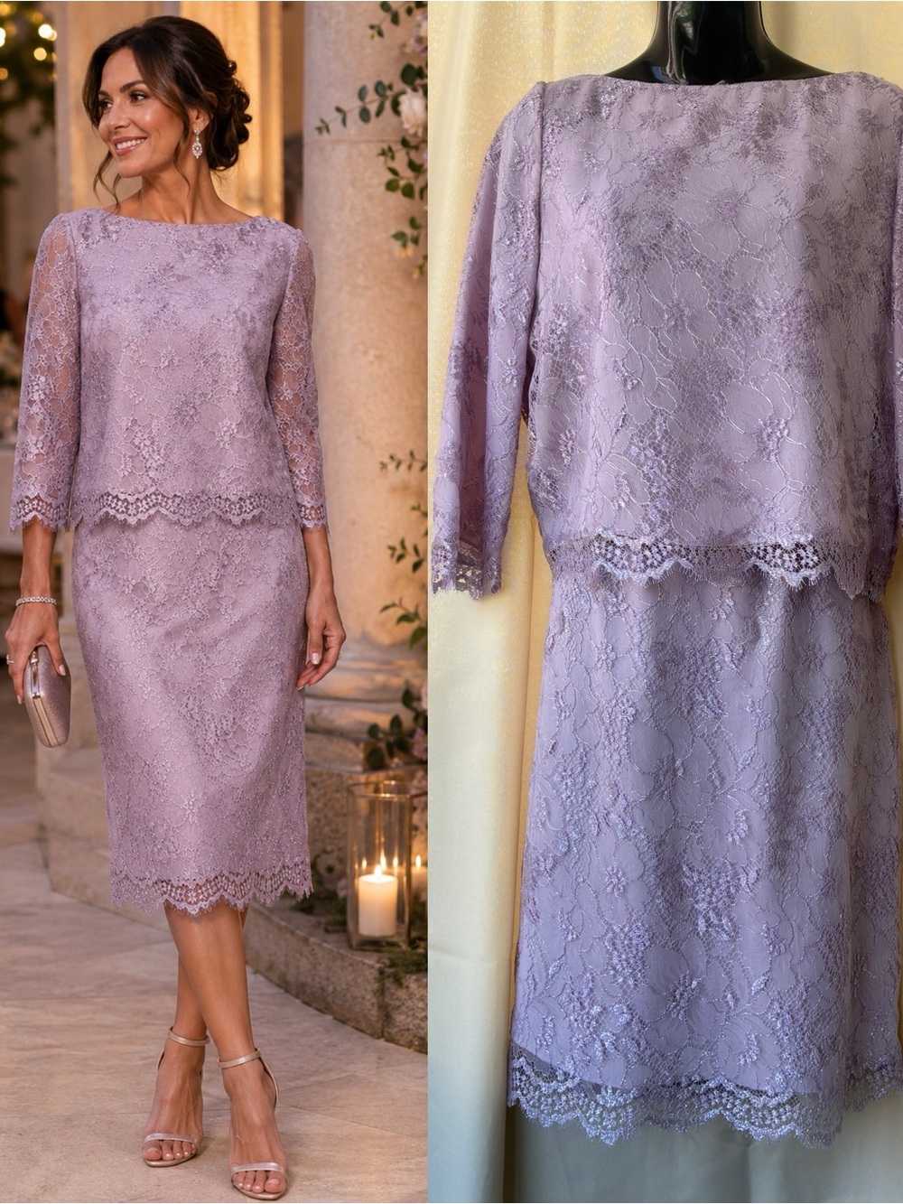 Badgley Mischka Vintage Lace Overlay Skirt & Top Set Lavender & Silver